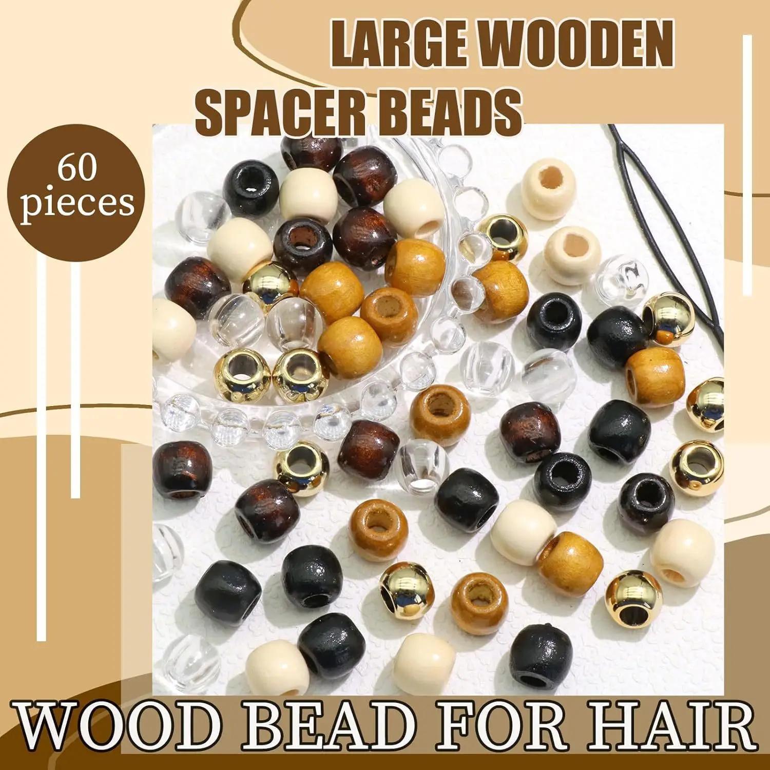 60 pièces de perles de cheveux transparentes + perles de dreadlock en bois avec ensemble d'outils de