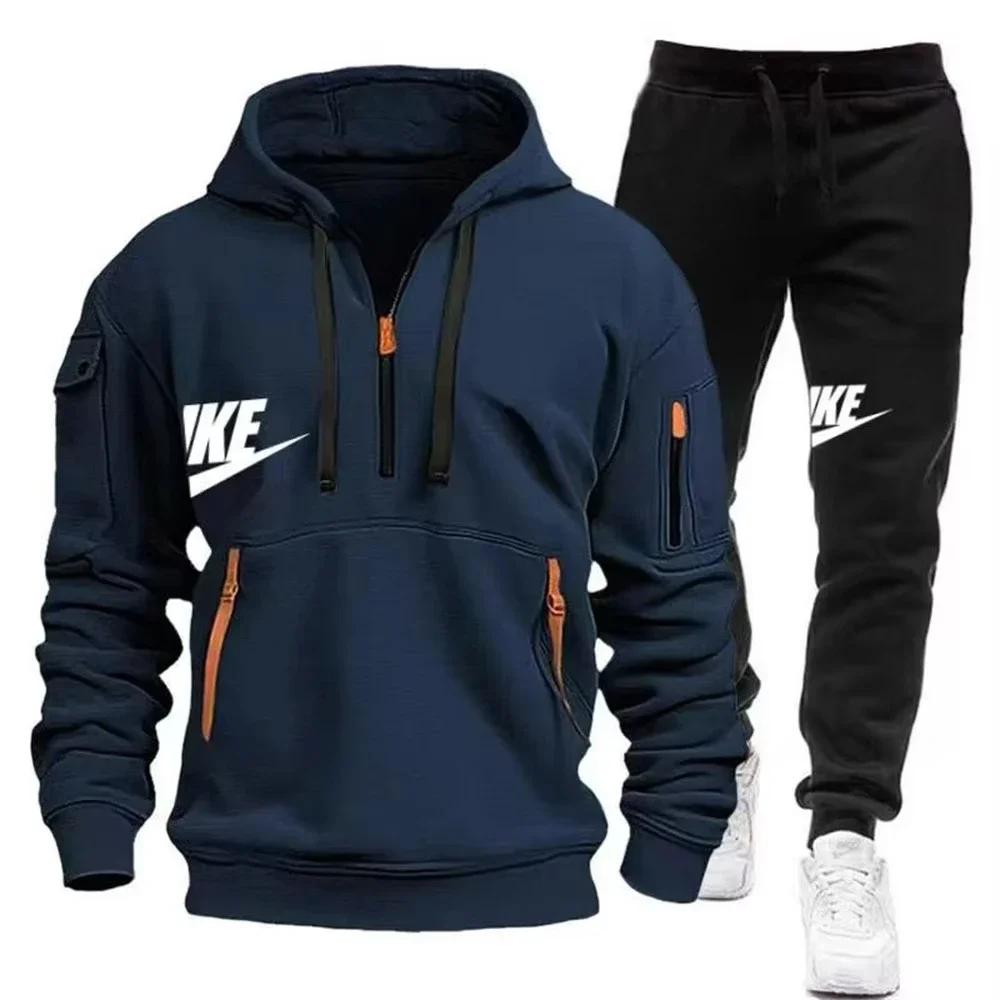Nouveau costume d'automne et d'hiver pour hommes, sweat à capuche avec fermeture éclair + pantalon,