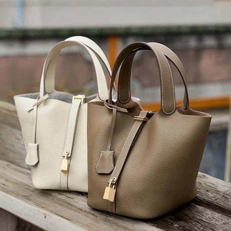 Sacs à main en cuir véritable pour femmes, petit panier seau, sacs à bandoulière de styliste, fourre