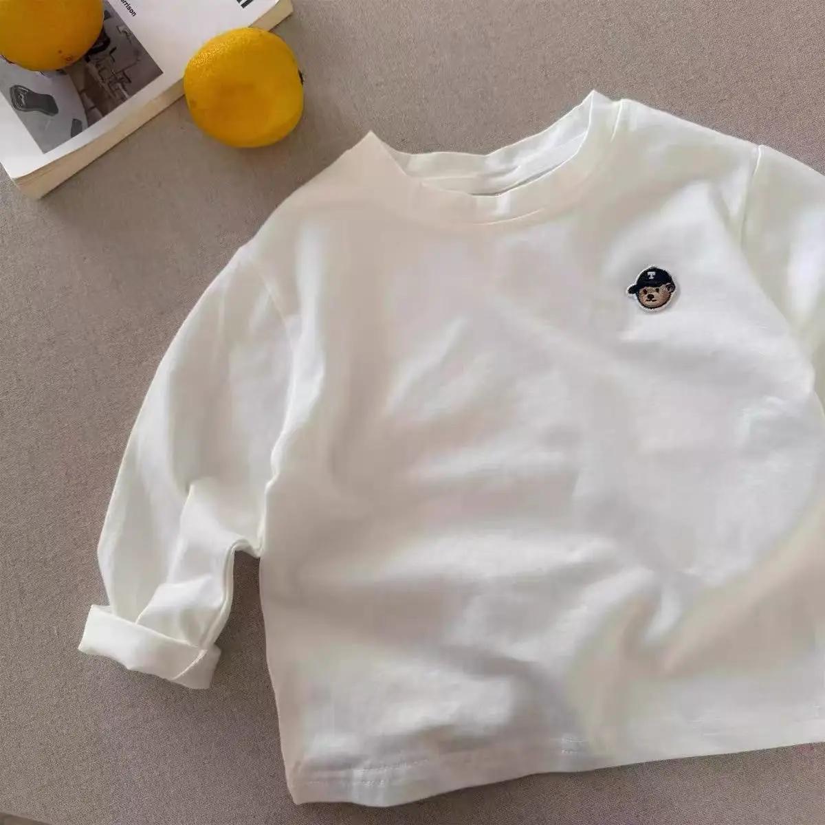 T-shirt à manches longues pour enfants, chemise de base respirante en pur coton, chemise de base ray