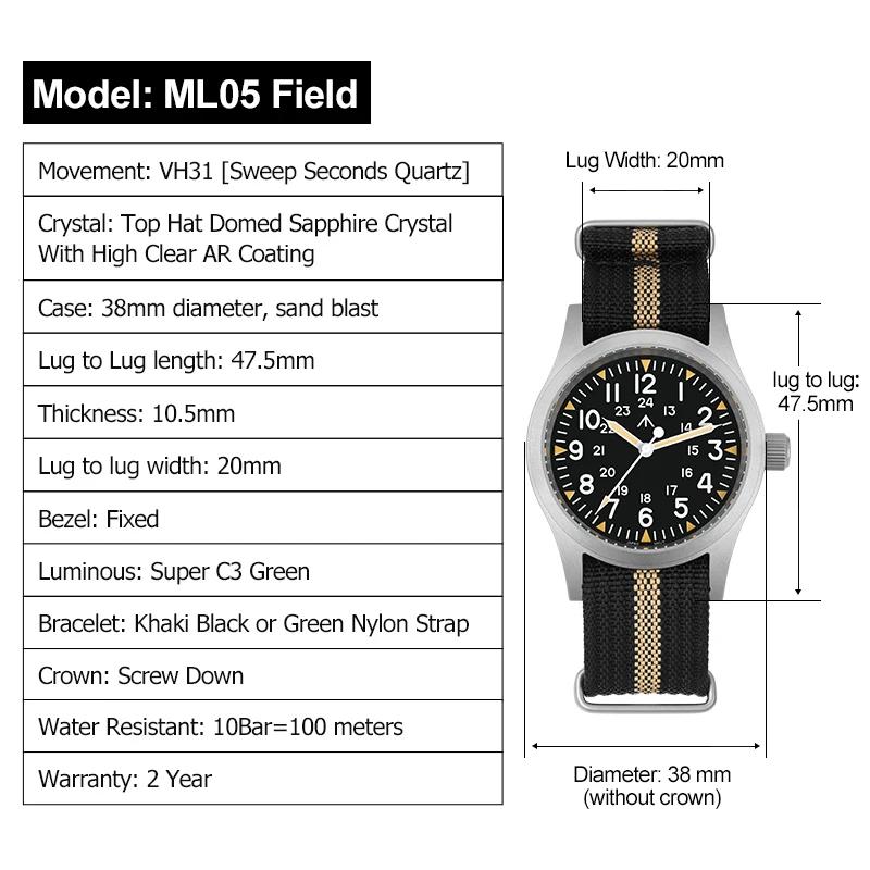 Militado ML05 montre Vintage VH31 balayage deuxième mouvement dôme cristal saphir avec revêtement AR