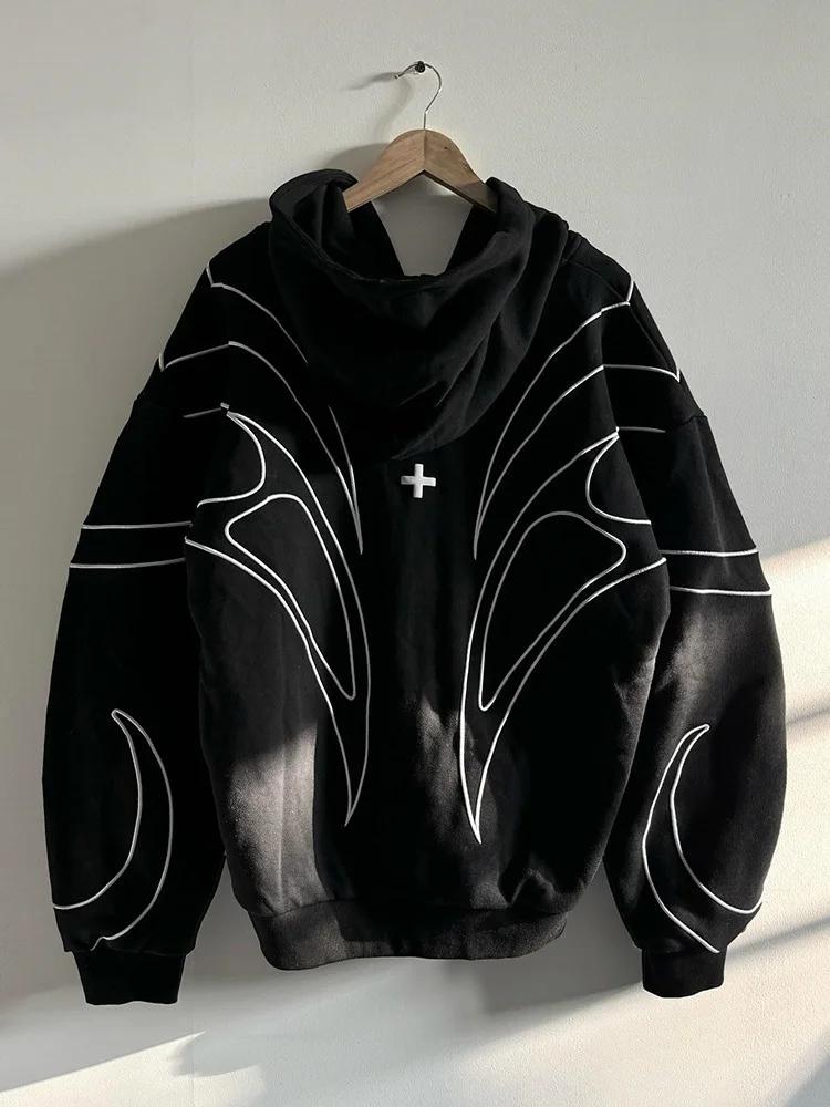 Rue rétro mode vêtements rayé brodé noir Double fermeture éclair à capuche américain Hip-hop Punk su