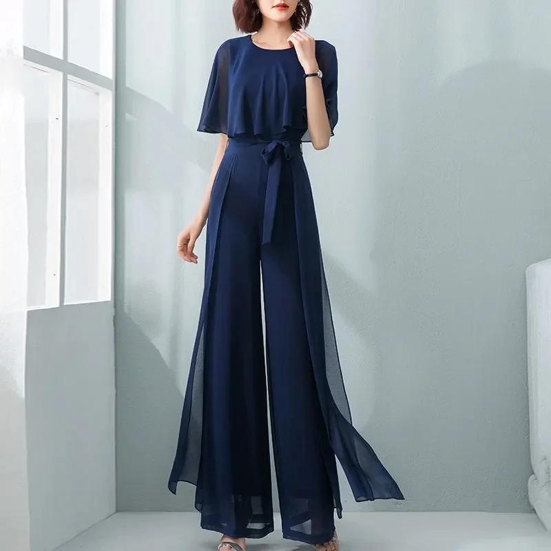 Combinaison longue en mousseline de soie pour femmes, manches feuille de Lotus, ensemble à jambes la