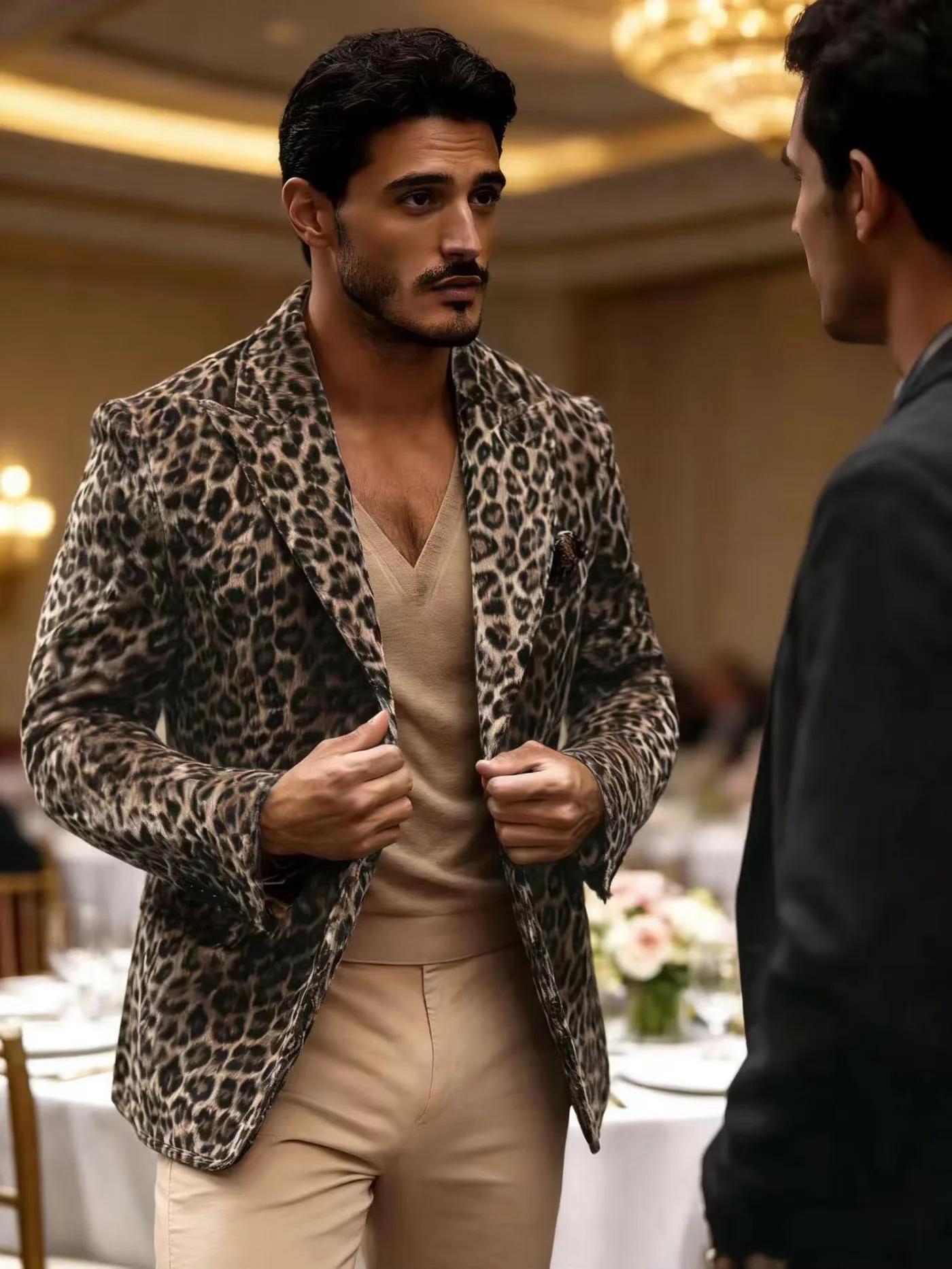 Blazer léopard de luxe pour homme, coupe ajustée, revers pointus, simple boutonnage, veste 1 pièce,