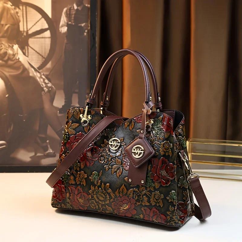 Sac à main à motif de fleurs Vintage, sac fourre-tout de luxe en cuir PU, sac à bandoulière à la mod