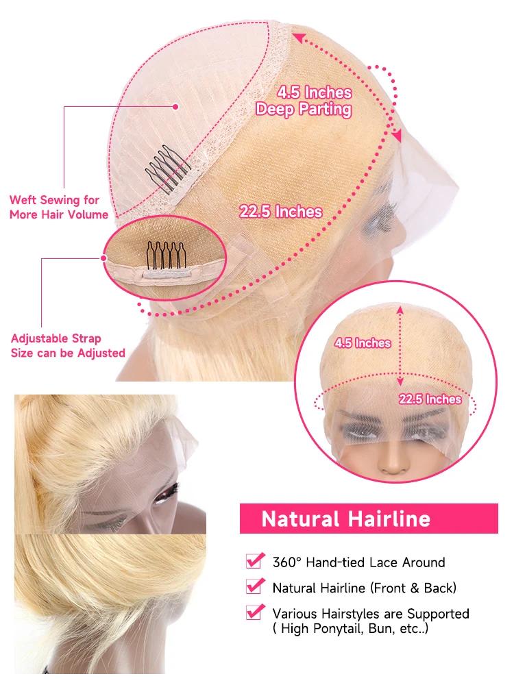 Perruque Lace Front Wig Body Wave naturelle 613, cheveux humains, blond miel 360, 13x4, 13x6, pre-pl