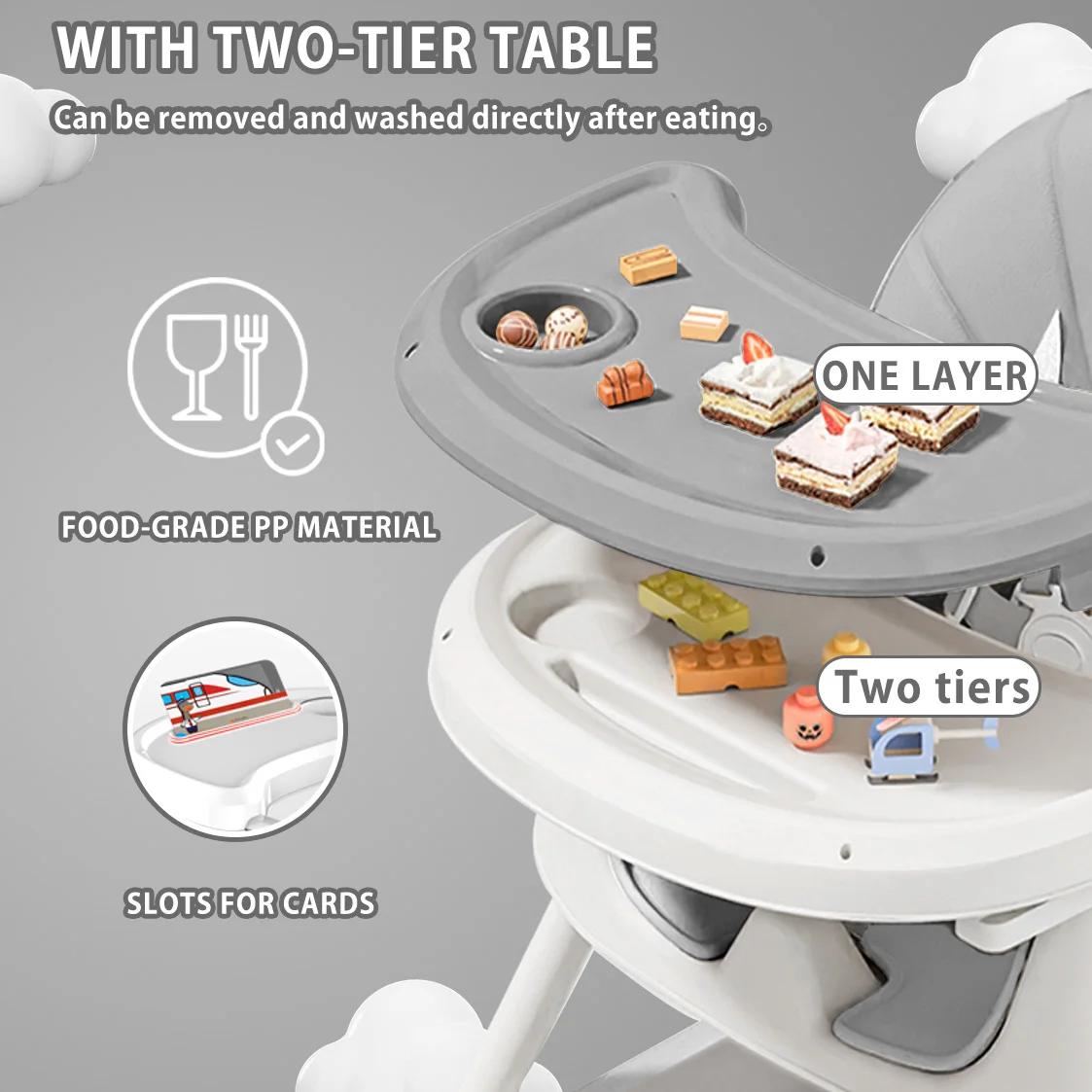 Chaise haute pliable pour bébé de 6 mois plus, avec grand coussin antidérapant et support à jouets,