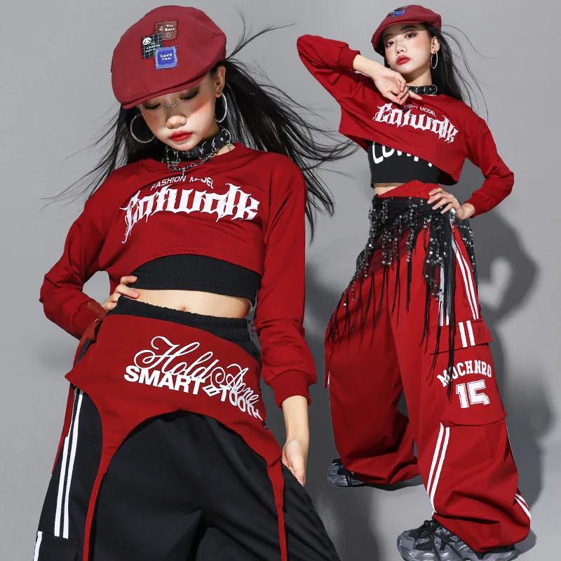 Ensemble de vêtements pour filles Hip Hop, sweat-shirt court à nœud rouge, pantalon cargo, costume d