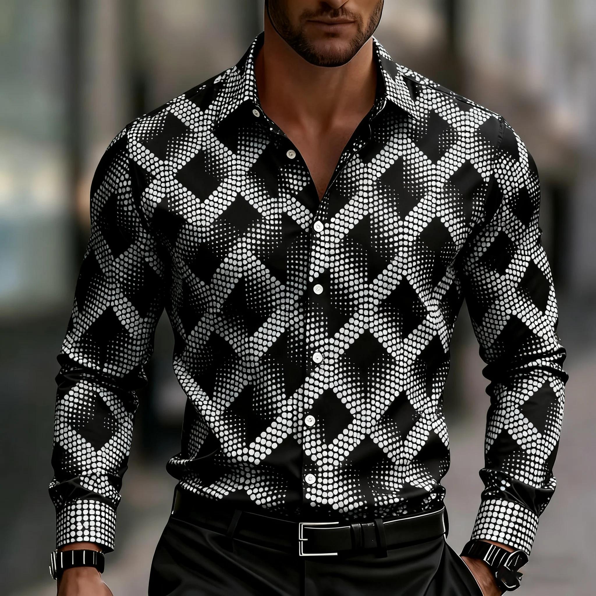 Chemise homme à manches longues imprimé géométrique, chemise boutonnée élégante, avec motifs carrés