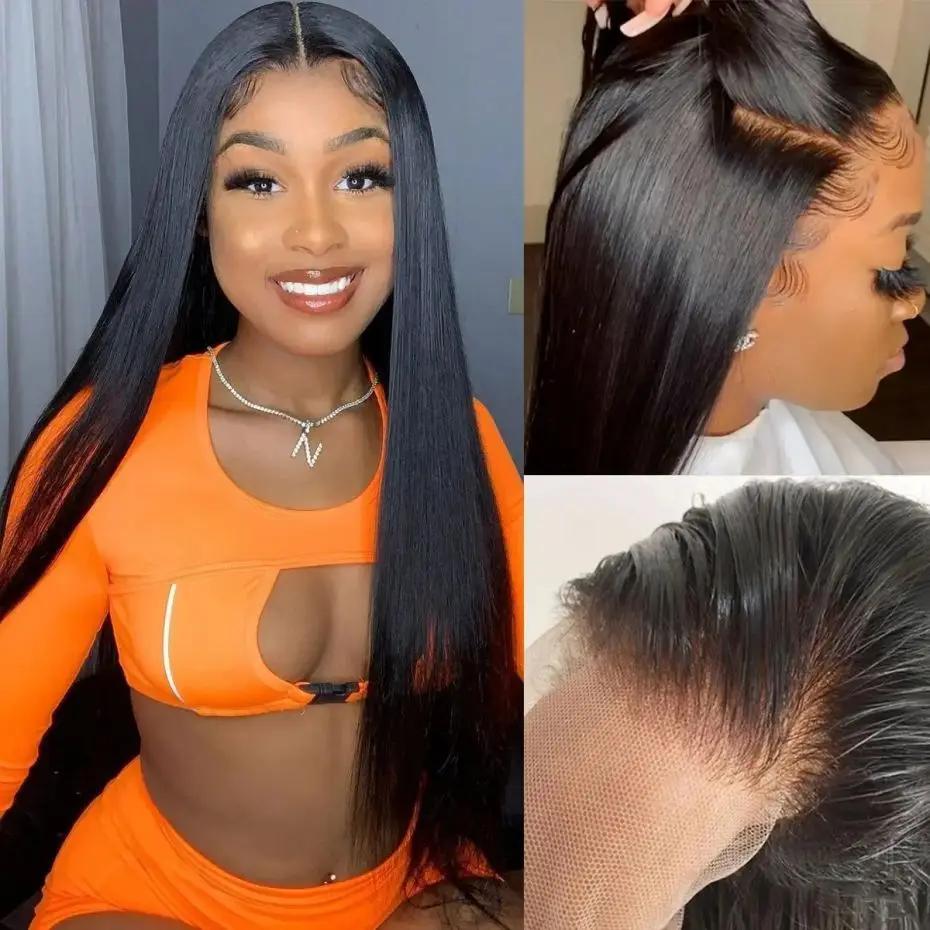 Perruque Lace Front Wig naturelle brésilienne lisse, cheveux lisses, sans colle, 13x4, 13x6, HD, pre