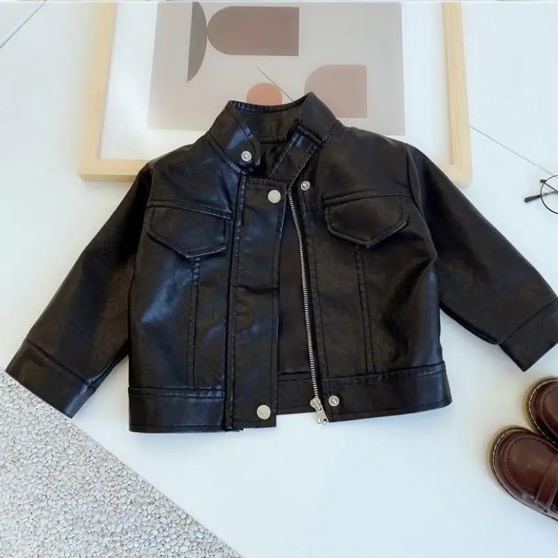 Veste en cuir coréen pour enfants printemps automne veste en cuir PU à col montant pour fille veste