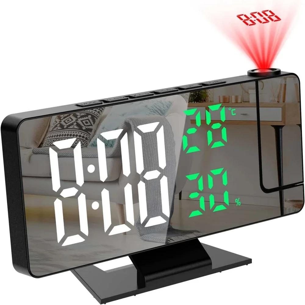180 ° Réveil numérique à projection rotative, température, humidité, mode nuit, fonction snooze, 1