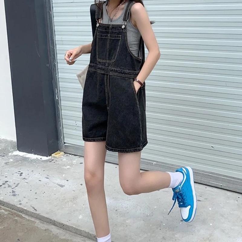 Denim Rompers Women Wide Leg Loose Korean Style Students Solid Summer Playsuits Leisure Trendy Pocke