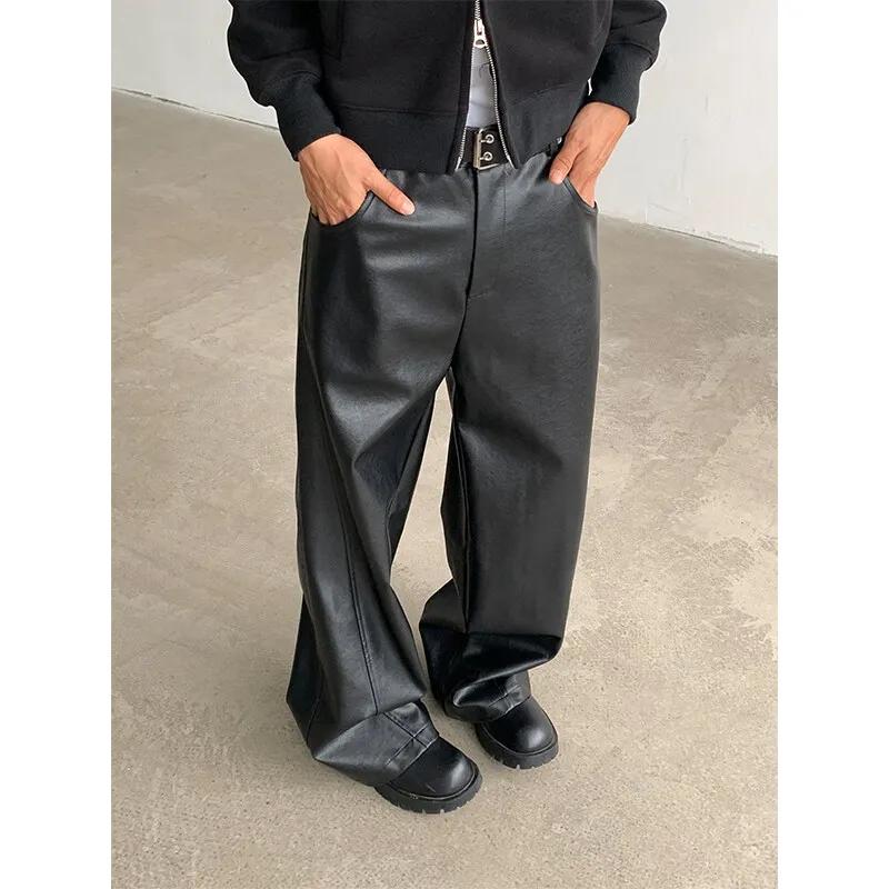 Pantalons en cuir PU pour hommes, Punk américain, mode Hip Hip, jambes larges, coupe-vent, marron fo