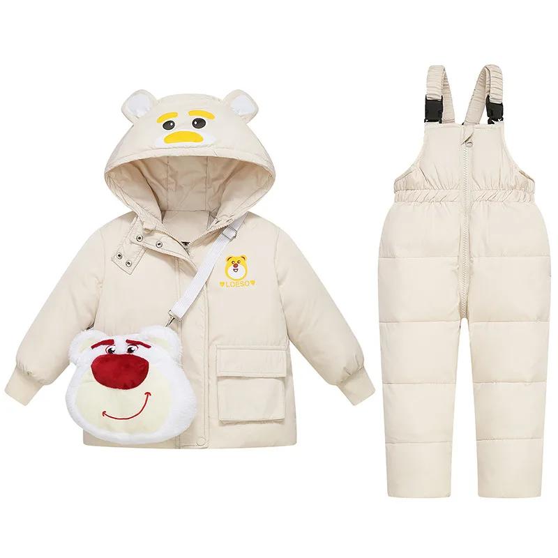 Doudoune à capuche ours dessin animé pour enfants, ensemble de vêtements pour filles, salopette pour