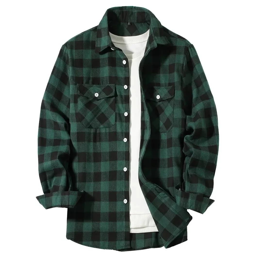Chemise à carreaux décontractée à simple boutonnage pour hommes, chemise à manches longues, double p