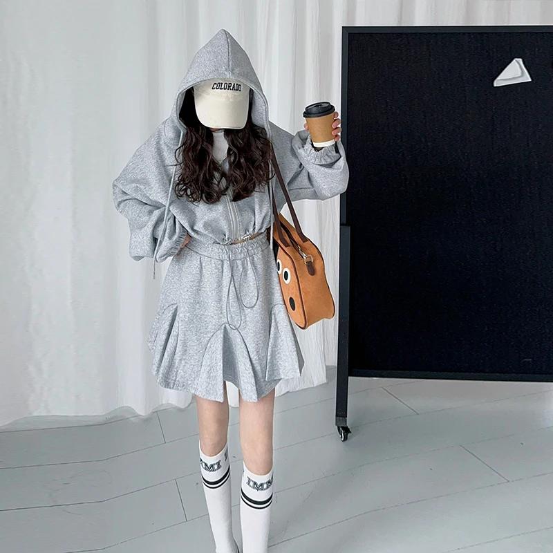 Ensemble de vêtements JK gris pour adolescentes, sweat-shirt à capuche avec lettres + jupe queue de