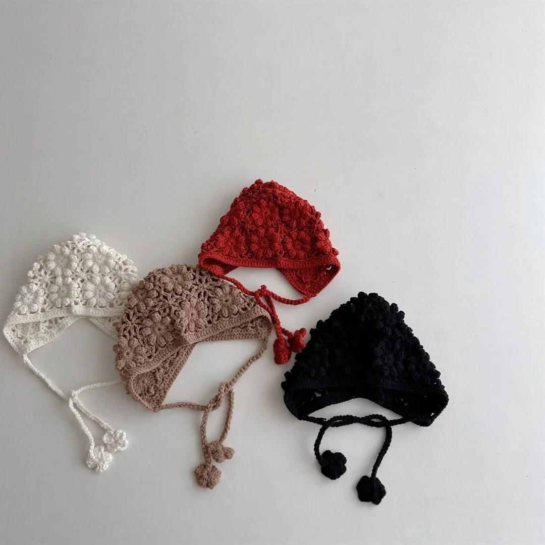 Chapeau tricoté pour bébé fille, bonnet à rabat d'oreille en Crochet fait à la main, mignon ajouré,