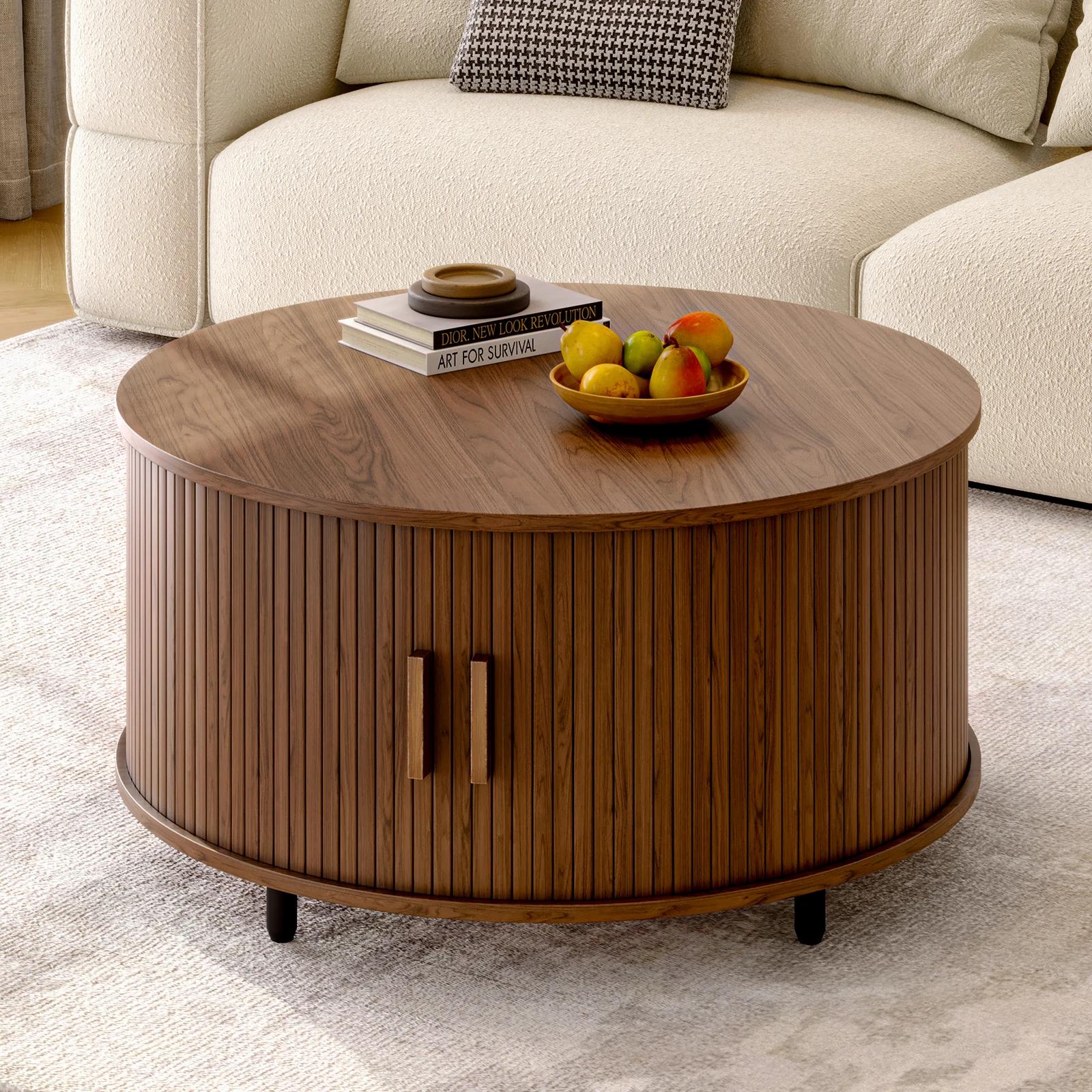 Table basse ronde avec rangement, table basse moderne de 31,5 po avec 360 ° Porte coulissante incu