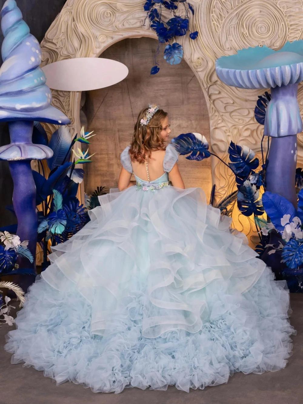 Robes de filles en tulle bleu ciel pour mariage, élégantes et douces, à col rond et manches bouffant
