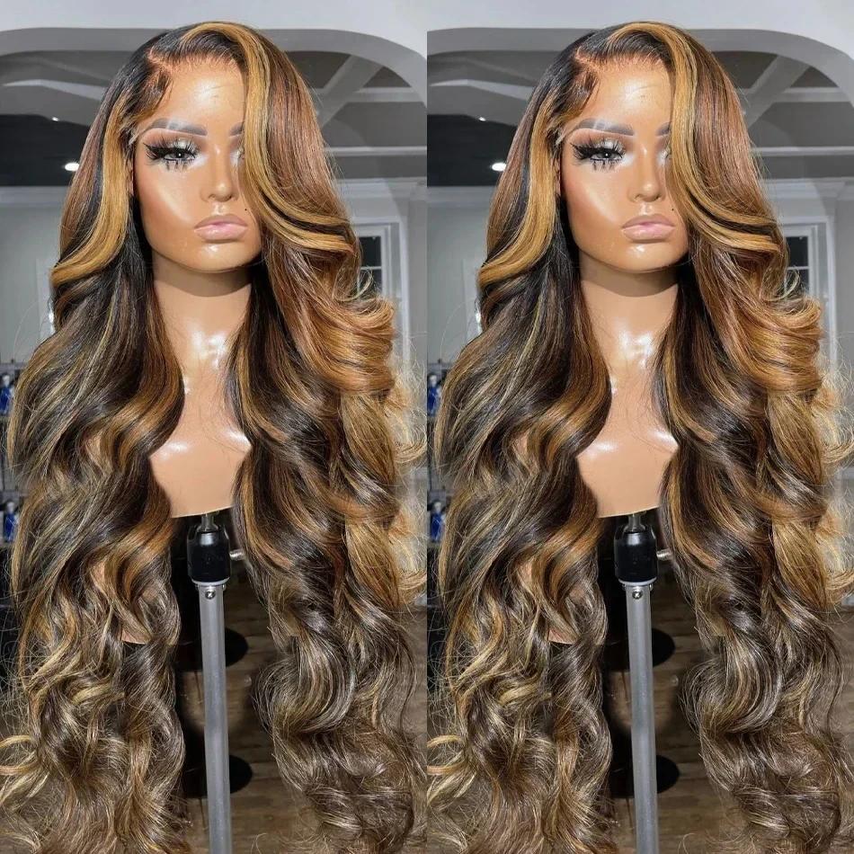 Perruque Lace Front Wig Body Wave Brésilienne Naturelle, Cheveux à Reflets Colorés, 13x4, Densité 20