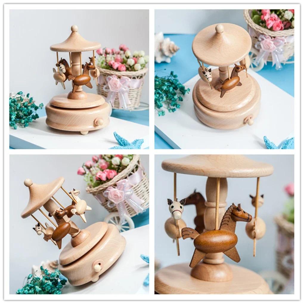 Boîte à musique carrousel en bois, ornements rotatifs à manivelle, bricolage fait à la main, cadeau