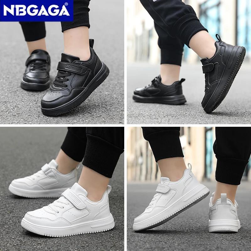 Chaussures de marche plates en cuir noir pour enfants, chaussures décontractées pour garçons et fill