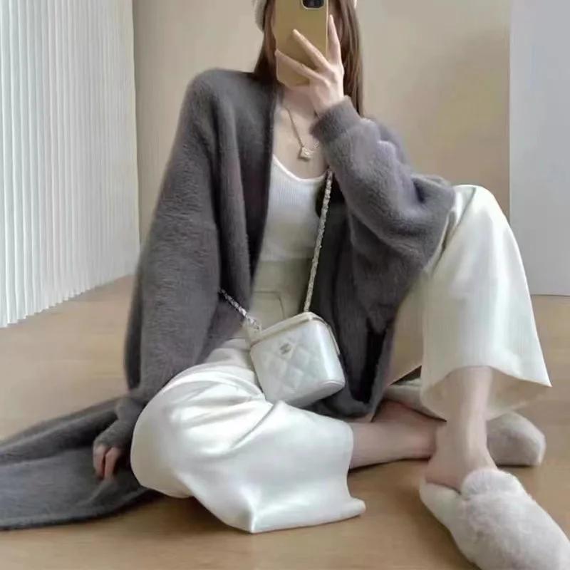 Manteau en tricot ouvert de style ample et paresseux, pull épais à manches longues en fausse fourrur