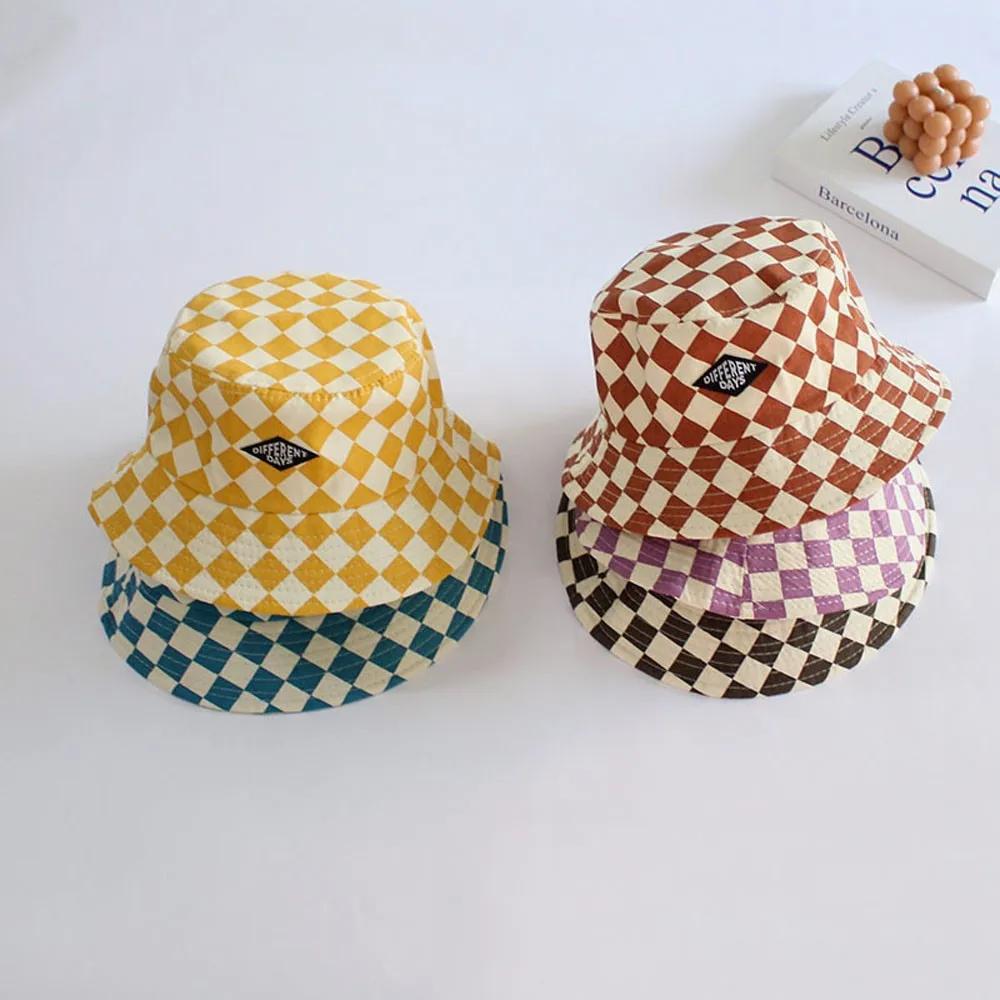 Chapeau seau à motif damier pour enfants, mignon, à carreaux, pour bébés garçons et filles, chapeau
