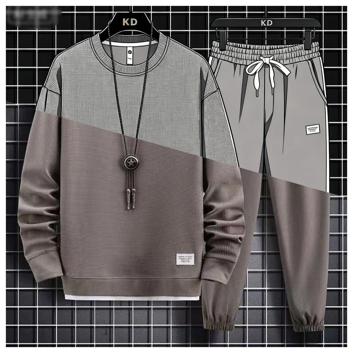 2025 printemps et automne nouveaux hommes gaufre deux pièces sweat-shirt décontracté et pantalon de