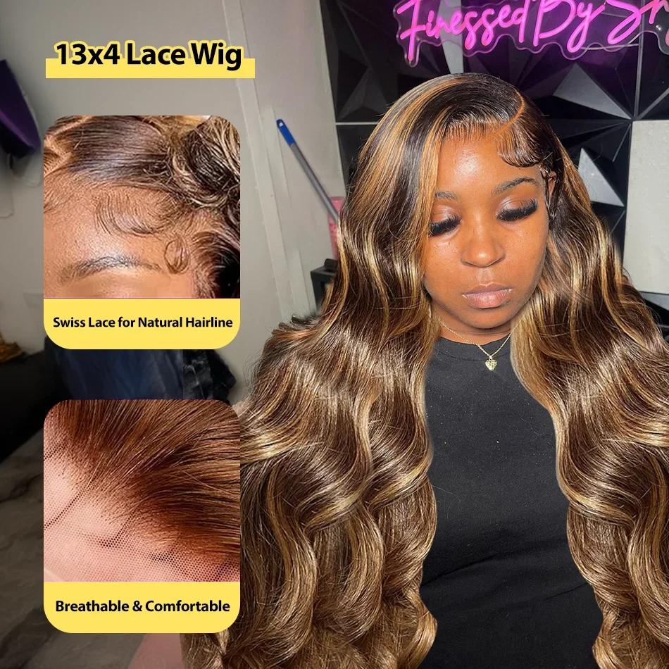 Perruque Lace Front Wig Body Wave Brésilienne Naturelle, Cheveux à Reflets Colorés, 13x4, Densité 20