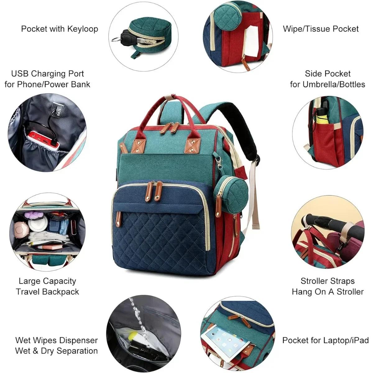 Sac à langer 3 en 1, sac à dos pliable, lit bébé, sac de voyage imperméable avec chargeur USB, sac à
