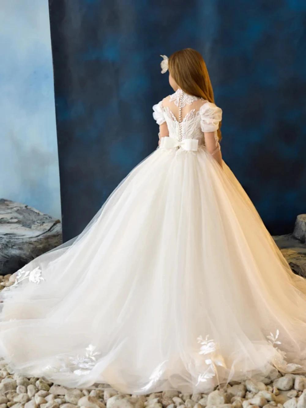 Robes blanches élégantes en dentelle pour filles, avec des Appliques de fleurs, des perles brillante