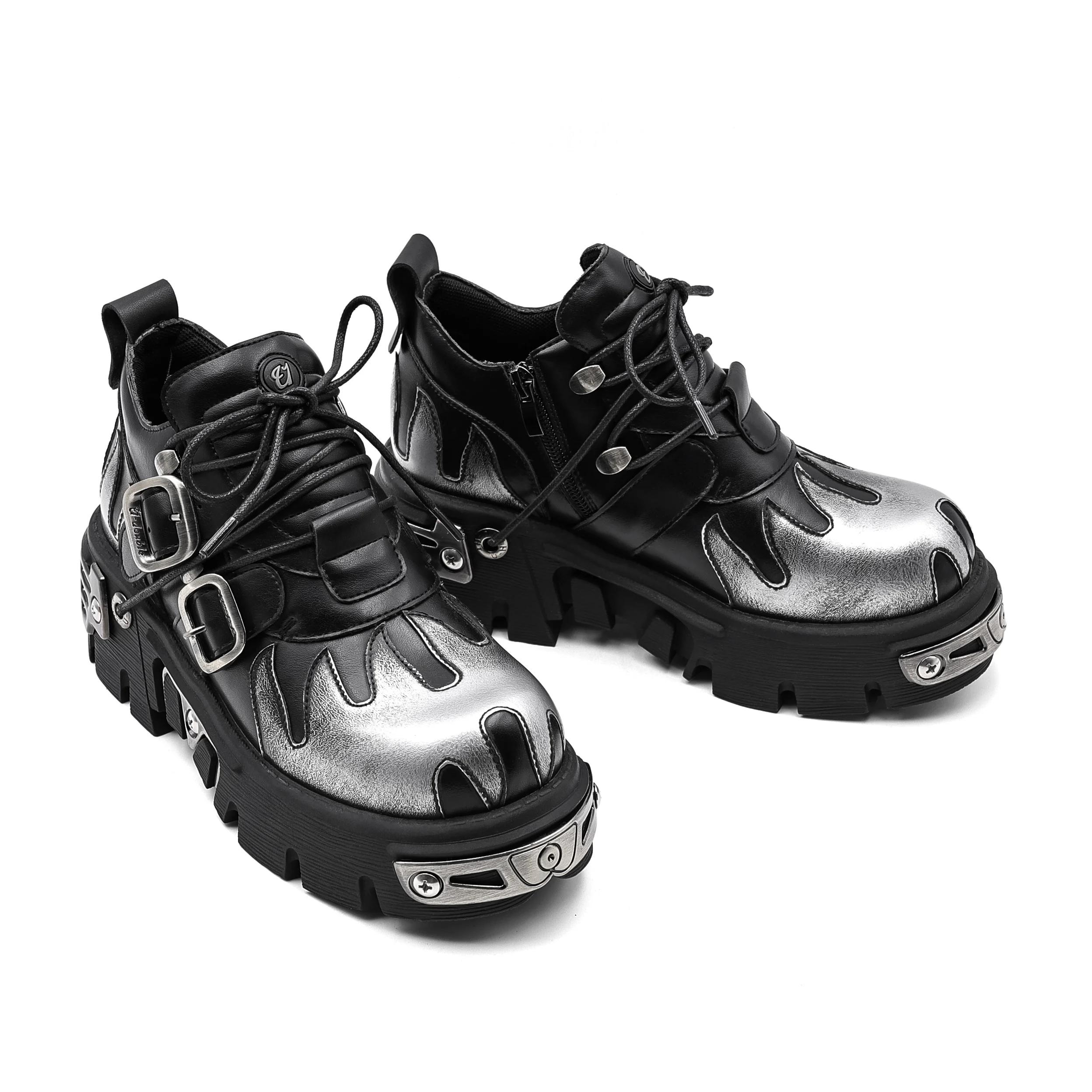 Chaussures de Couple Rock Vintage pour hommes et femmes, bottes rétro en cuir Punk foncé, Design de