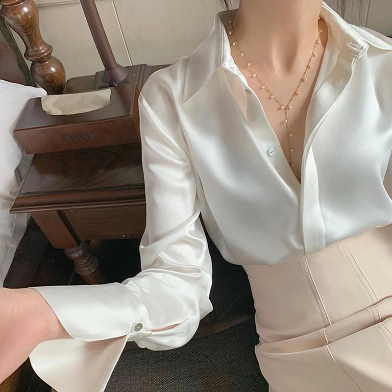 Chemisier en Satin à manches longues pour femmes, mode française, chemises de couleur unie, vêtement