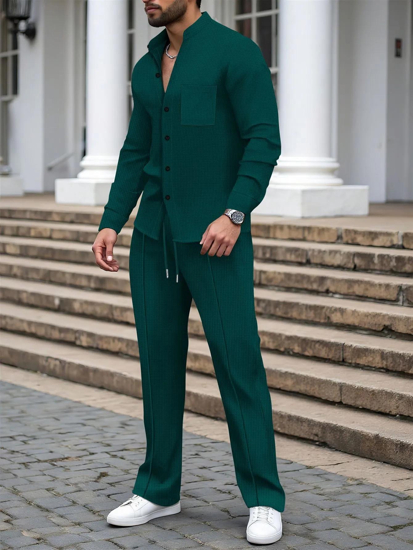 Nouveau costume d'automne pour hommes, chemise gaufrée à manches longues de couleur unie avec cardig