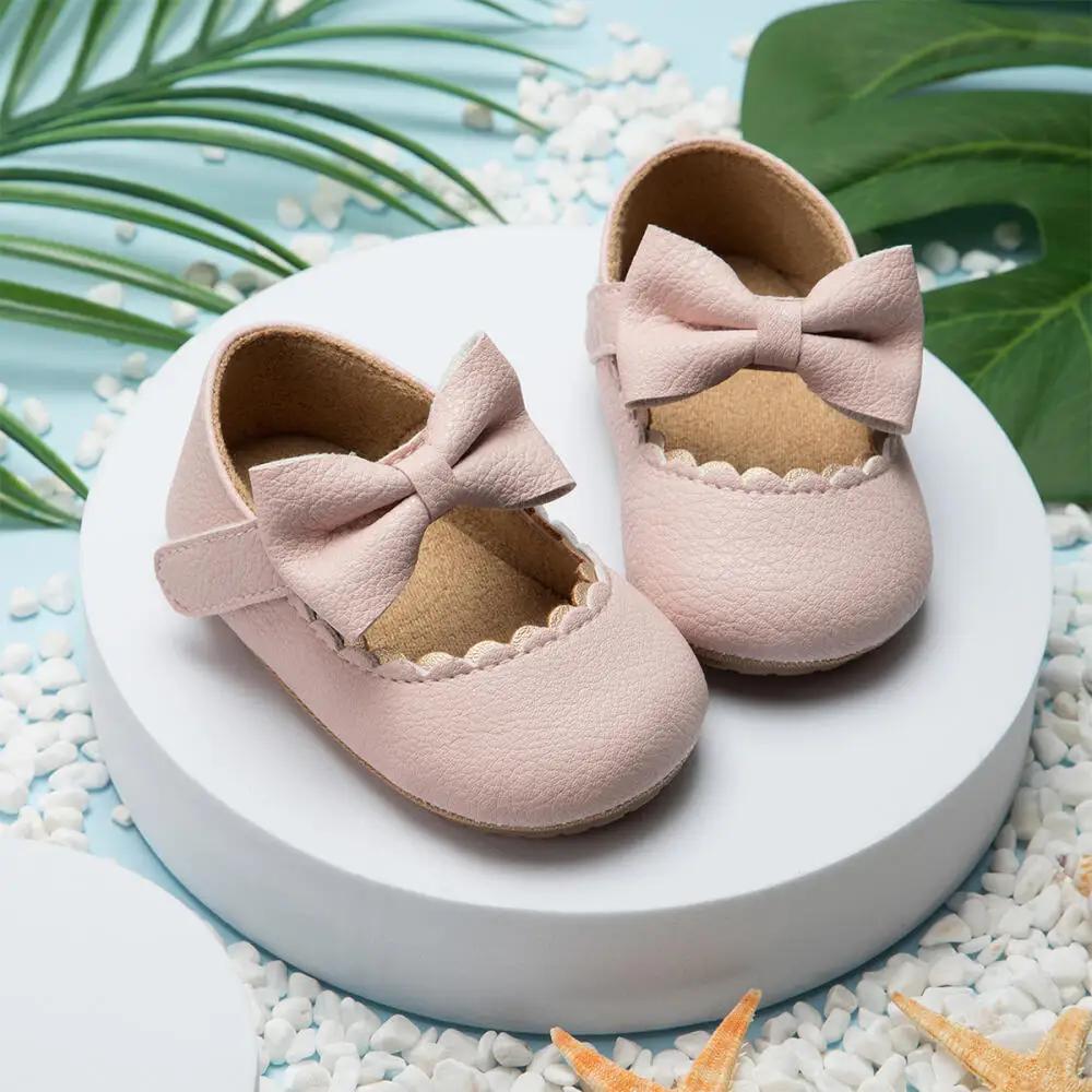 Chaussures de marche rétro pour nouveau-né, chaussures de princesse avec nœud de couleur unie, antid