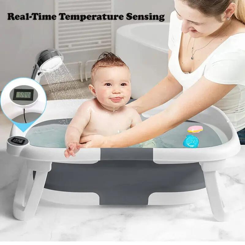 Baignoire pliable pour bébé avec capteur de température et coussin doux, en PP+TPR non toxique, bass