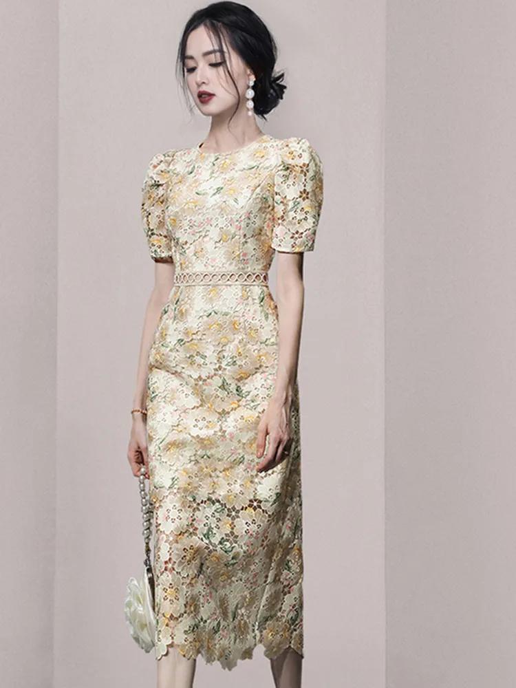 SMTHMA-Robe ajourée en dentelle brodée pour femme, manches courtes, vêtements féminins élégants, nou