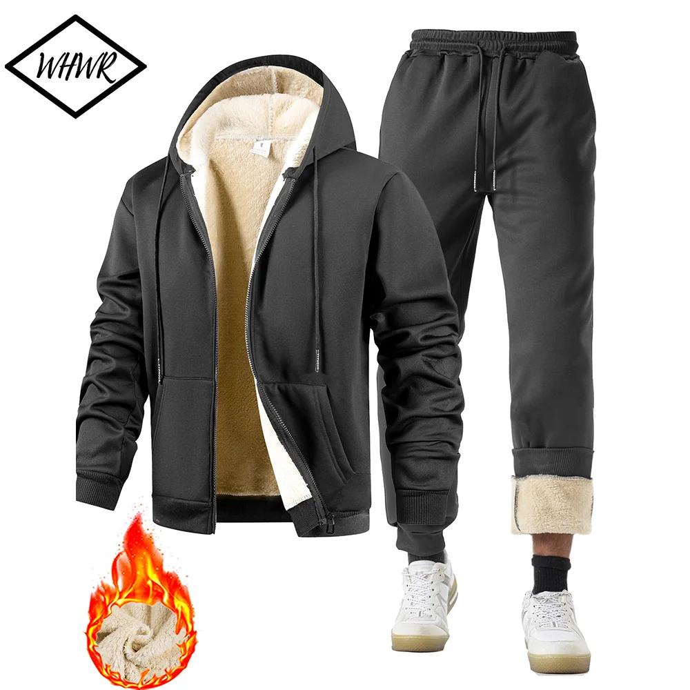 Costume deux pièces pour hommes, survêtement en peluche épais, veste de sport chaude + pantalon, com