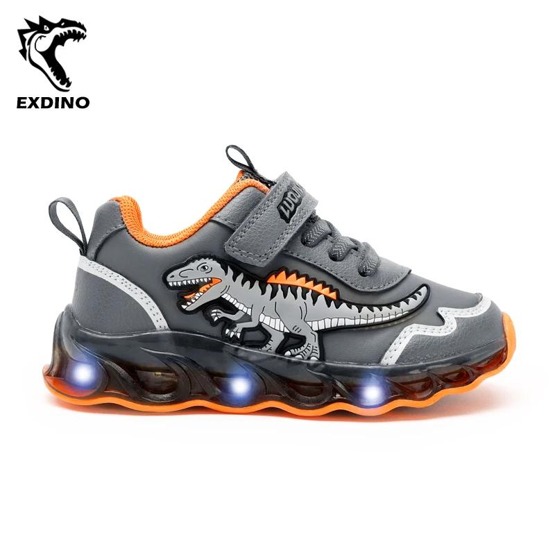 EXDINO 2-6Y enfants LED Giganotosaurus automne cuir chaussures lumineuses garçons dinosaure petits e