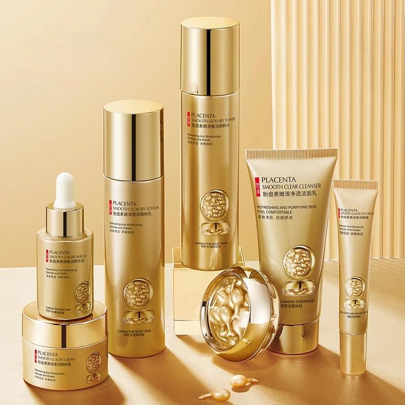 Placenta Soins de la peau Ensemble de sept pièces, riche en placenta Essence, produits de beauté pou