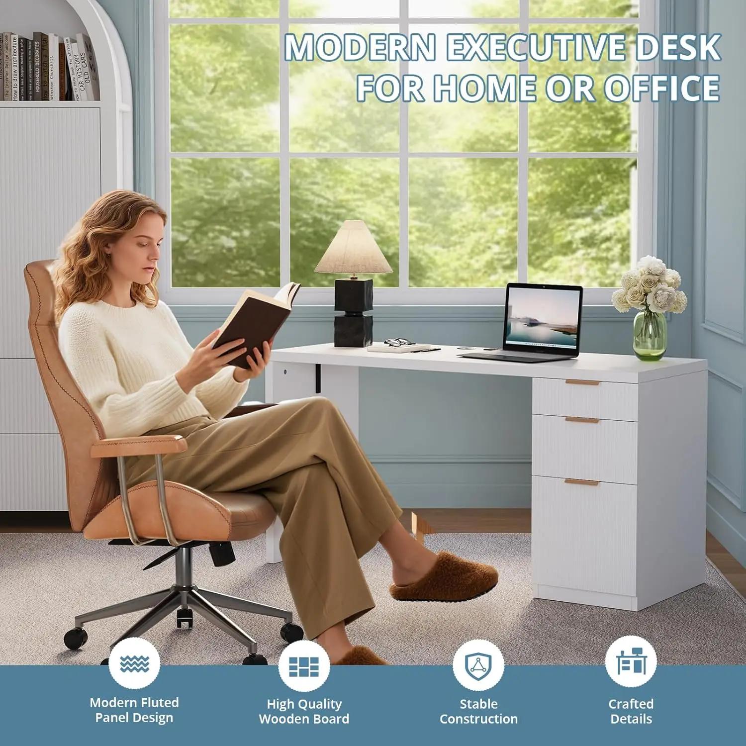 Bureau de direction moderne de 58 pouces avec rangement, bureau de télétravail avec tiroir et armoir