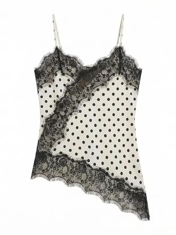 HH Femme Élégante Débardeur à Pois en Dentelle à Ourlet Asymétrique, Camisole Sexy d'Été avec Empièc