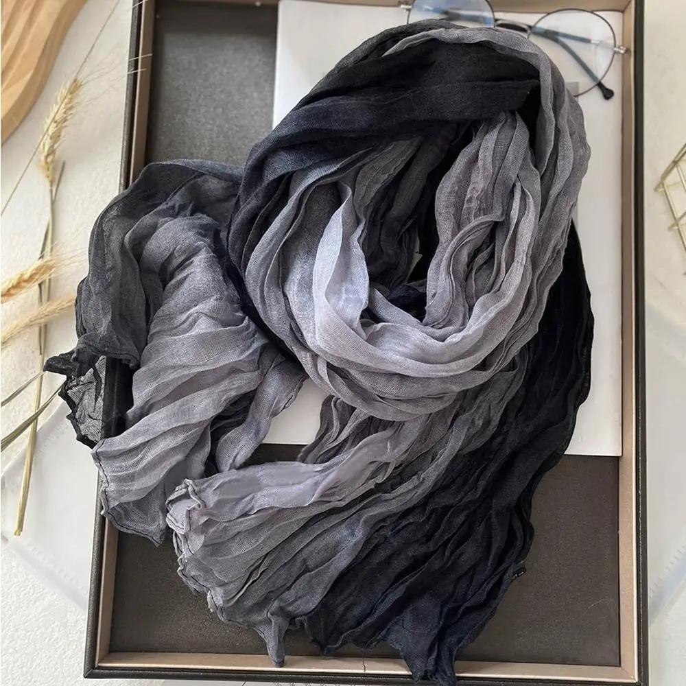 Écharpe en Coton et Chanvre pour Femme, Dégradé Bleu, Rétro Polyvalent, Imprimé, Long, Châle Doux, N