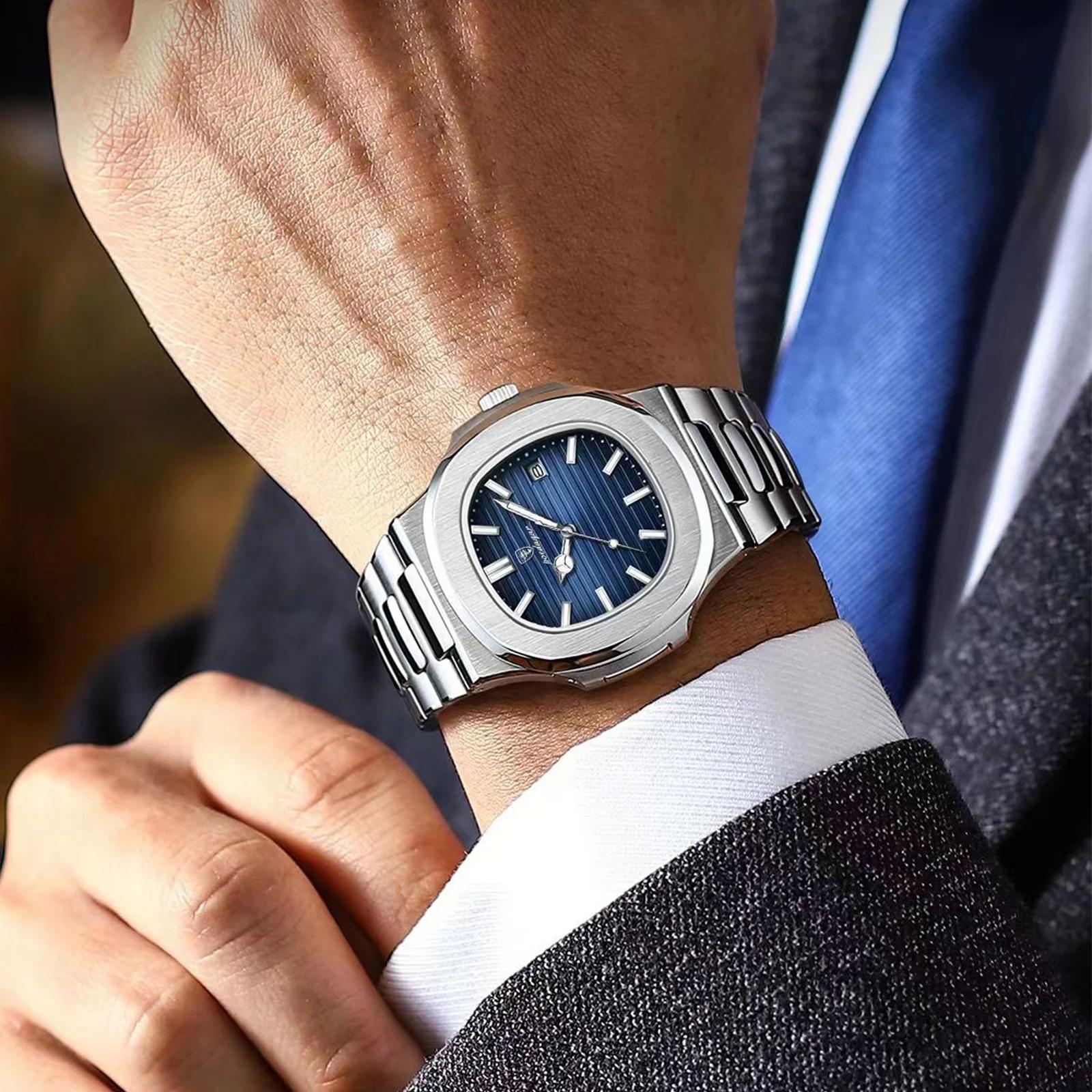 POEDAGAR carré luxe hommes montre-bracelet étanche lumineux Date en acier inoxydable mâle horloge af