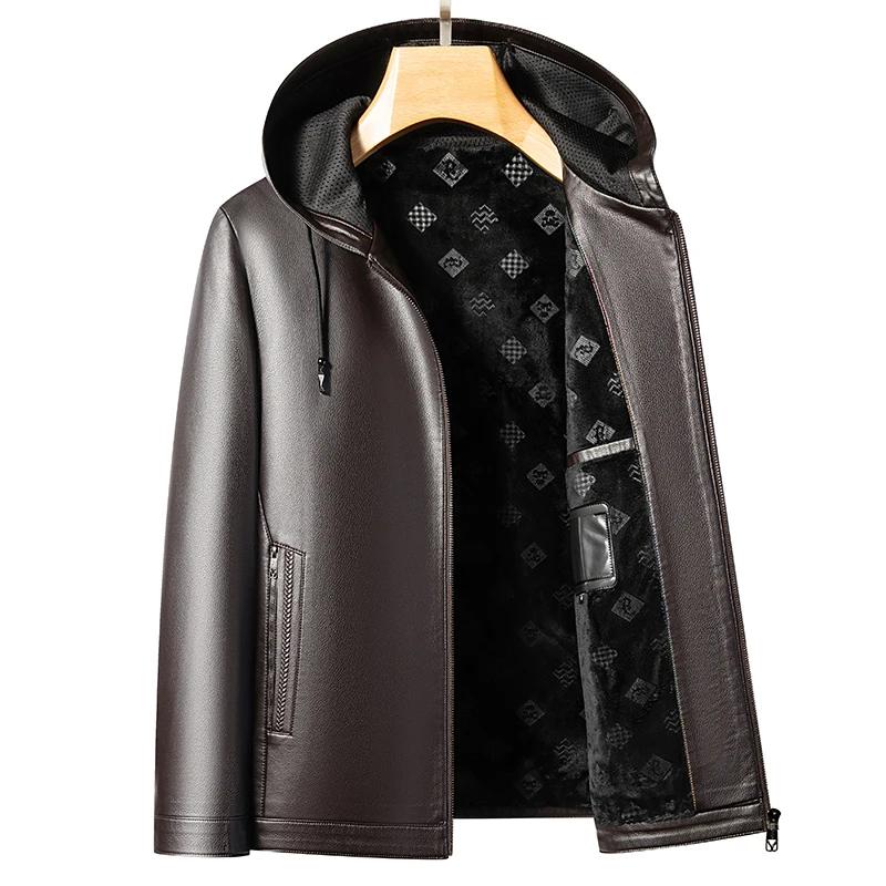 YN-2583 nouvelle veste en cuir à capuche pour hommes printemps et automne haut mince hiver en peluch