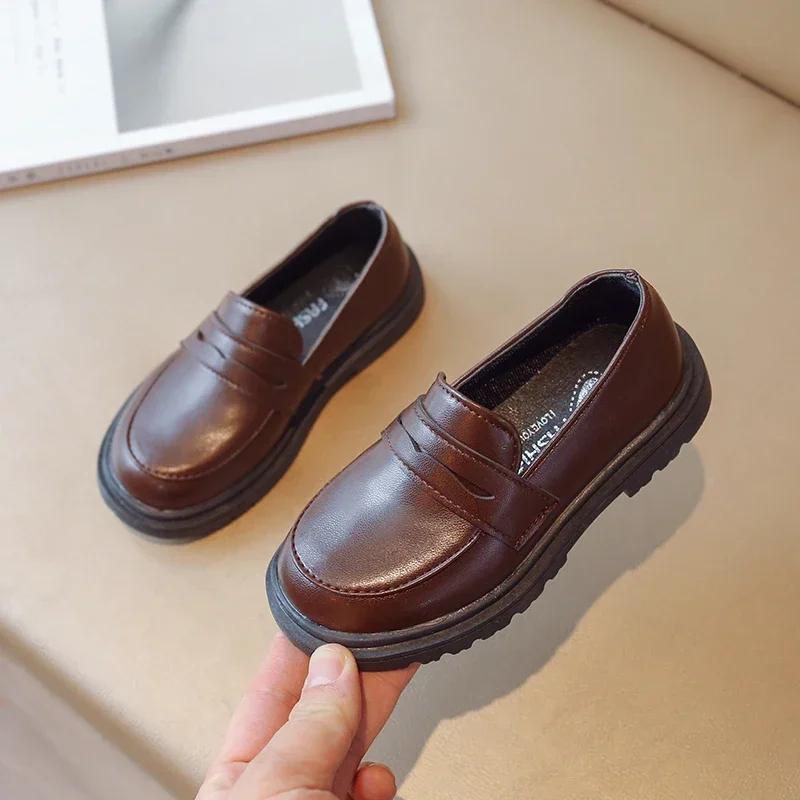 Chaussures en cuir pour enfants de Style britannique pour garçons, mocassins souples rétro noirs pou