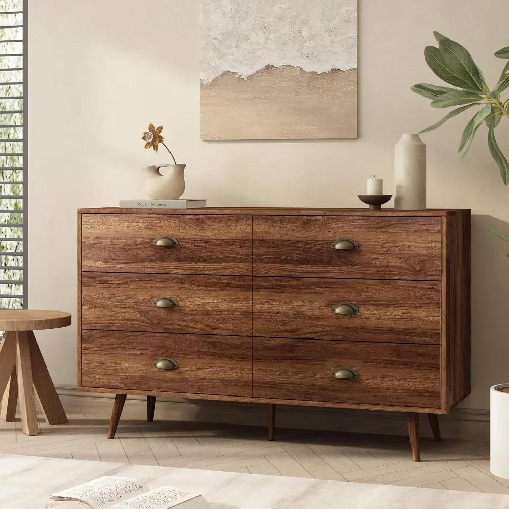 Commode en noyer brun pour chambre à coucher, commode à 6 tiroirs avec larges tiroirs et boutons en