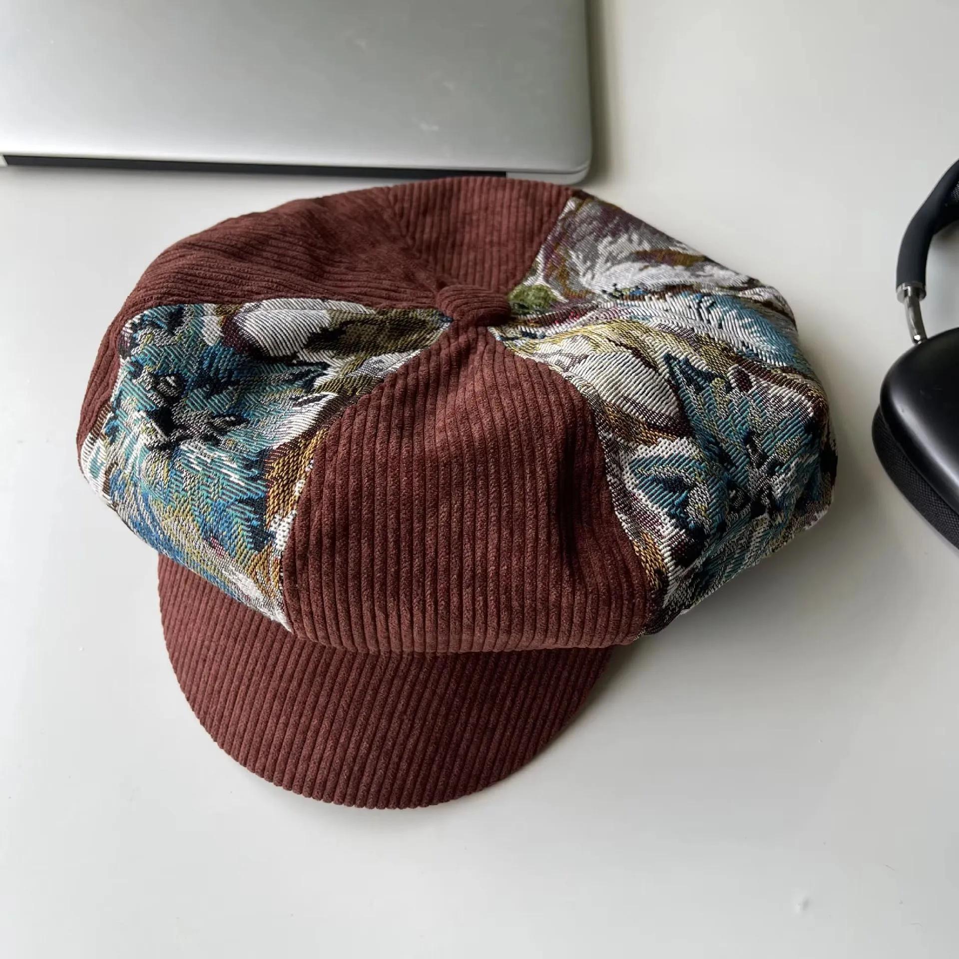 Casquettes pour femmes, béret rétro patchwork, chapeau octogonal en jacquard et velours côtelé, à la